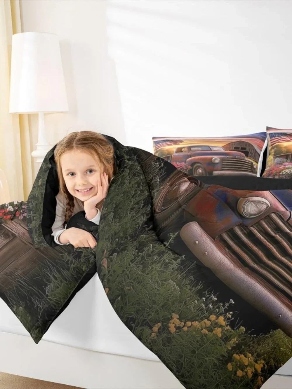 Vintage Truck Kids Comforter Queen,Village Barn Cabin Style Bedding Set for Teen